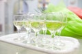 Glasses with mineral water on tray Royalty Free Stock Photo