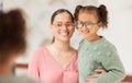 Glasses, mirror and mother with child happy for vision eye care insurance, frame choice and medical family deal Royalty Free Stock Photo