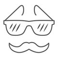 Glasses and mustache thin line icon, face accessories concept, Nerd glasses and mustaches sign on white background