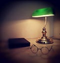 Green table lamp for reading. Classic library lamp.