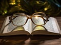 Glasses on the old book, close-up, soft focus. Generative AI