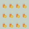 Glasses of orange juice, yellow straws, slices of lemons on light blue background. Texture Royalty Free Stock Photo