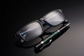 Glasses and pen on a black background Royalty Free Stock Photo