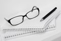 Glasses and pen on white notebook in cell Royalty Free Stock Photo