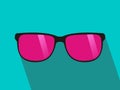 Glasses with pink lens. Long shadow, flat design. green background. Vector illustration.