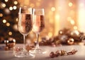 Glasses of pink rose champagne on new year\'s eve celebration evening on party bokeh background.Macro.AI Generative