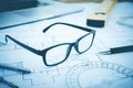 glasses on plan design.Concept of architecture Royalty Free Stock Photo