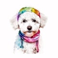 Whimsical Watercolor Painting of a Bichon Frise Puppy in a Pastel Headband Bandana AI Generated