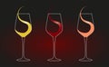 Glasses of red, white and rose wine, sign or logo flat design style on a dark background. Vector illustration Royalty Free Stock Photo