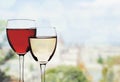 Glasses of red and white wine on blurred Royalty Free Stock Photo