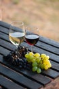 Glasses of red and white wine and grapes on a wooden table outdoor. Wine tasting concept Royalty Free Stock Photo