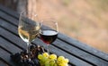 Glasses of red and white wine and grapes on a wooden table outdoor. Wine tasting concept Royalty Free Stock Photo
