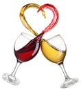 glasses of red and white wine with heart shape splash isolated Royalty Free Stock Photo