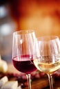Glasses of red and white wine on a table Royalty Free Stock Photo