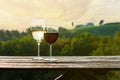 Glasses of red and white wine a wooden table outdoor with landscape background. Wine tasting concept. Copy space Royalty Free Stock Photo