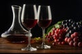 Glasses of red wine, decanter and different types of grapes on a wooden table. Royalty Free Stock Photo