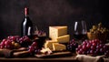 Glasses with red wine, grapes a bowl, cheese on an old background