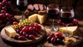 Glasses with red wine, grapes in a bowl, cheese on an old background