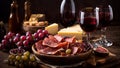 Glasses with red wine, grapes a bowl, cheese on an old background food