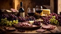 Glasses with red wine, grapes a bowl, cheese on an old background food dinner delicious