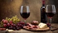 Glasses with red wine, grapes a table , kitchen gourmet an old background food dinner delicious