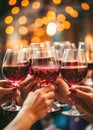 Glasses with red wine in hands of people, ready to toast and cheers with friends. Closeup moment of connection and enjoyment