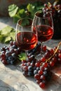 glasses with red wine on a wooden barrel in the vineyard. Wide photo Royalty Free Stock Photo