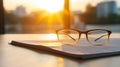 Glasses rest on an open book, illuminated by a golden sunset, symbolizing creativity and knowledge in a serene academic Royalty Free Stock Photo