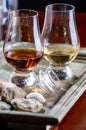 Glasses of scotch whisky served in bar in Edinburgh, Scotland, UK