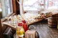 Glasses with seafood snacks and meat on banquet table Royalty Free Stock Photo