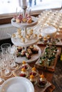 Glasses with seafood snacks and meat on banquet table Royalty Free Stock Photo