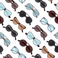 Glasses seamless pattern vector illustration. Fashion retro sunglasses background. Royalty Free Stock Photo