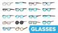 Glasses Set Vector. Modern Glasses Icon. Different Eyewear Types. Eyeglasses With Frame. Blue Lense. Flat Cartoon Royalty Free Stock Photo