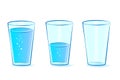 Glasses set for water. Glasses: full, empty, half-filled with water. Vector