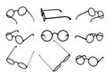 Glasses silhouette set with round lens. Isolated black on white icons for optics shop. Various points of view.