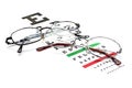 Glasses on snellen eye sight chart test