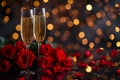 glasses with sparkling wine or champagne and red roses on table with bokeh lights in the background Royalty Free Stock Photo