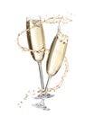 Glasses with sparkling wine and splashes on white background Royalty Free Stock Photo