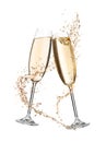 Glasses with sparkling wine and splashes on white background Royalty Free Stock Photo