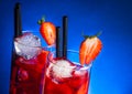 Glasses of strawberry cocktail with ice on wood table and space for text Royalty Free Stock Photo