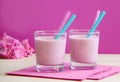 Glasses of strawberry milkshake. Healthy smoothie prepared as milk fruity cocktail. Royalty Free Stock Photo