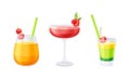 Glasses of summer alcoholic or non alcoholic refreshing drinks set vector illustration
