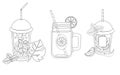 Glasses with summer refreshing drinks - vector linear set for coloring. Outline. Juices, mojito, sparkling water in glasses and mu