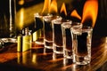 Glasses with tequila shots on fire, flaming drink, bar setting Royalty Free Stock Photo