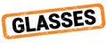 GLASSES text written on orange-black rectangle stamp