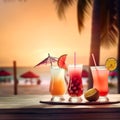Glasses with three different cocktails on the beach with palms at sunset. Summer vacation concept. Created with generative Ai Royalty Free Stock Photo