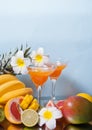 Glasses of tropical exotic multifruit juice cocktails drink with frangipani flower and fruits on the background Royalty Free Stock Photo