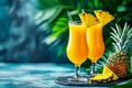 Glasses of tropical non-alcoholic cocktail with pineapple juice. AI generated. Royalty Free Stock Photo