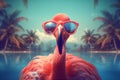 pink hipster summer bird feather party tropical flamingo sunglasses animal. Generative AI. Royalty Free Stock Photo