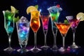 Glasses with various cold colorful beverages on dark background. Cocktails set.Weekend or holiday party. Cocktail bar.